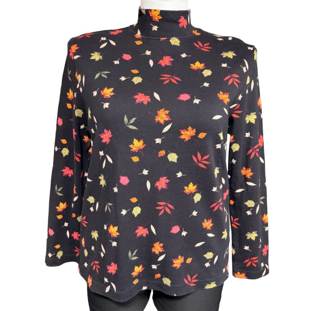 Croft & Barrow Womens T Shirt Top Long Sleeve Mock Neck Leaf Print Petite XL